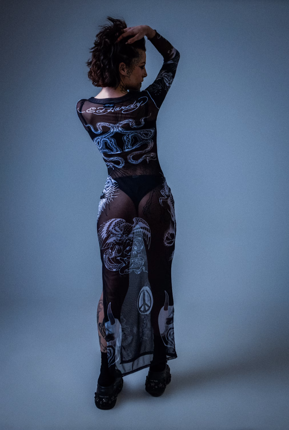 Vestido de Tule Preto "Tattooed Skin" Ed Hardy x Matuê